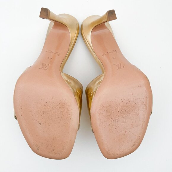 Louis Vuitton Revival Mule Monogram Gold Metalic Heel Padded Heels Sandals - Picture 11 of 14